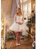 Illusion Neck Beaded Ivory Lace Glitter Tulle Flower Girl Dress